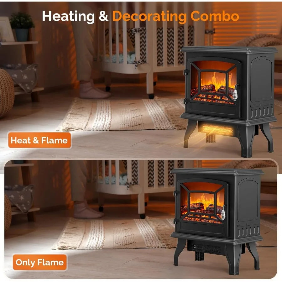 Electric Fireplace Stove Space Heater – 20" Freestanding – 1400W – Realistic Flame Logs – Thermostat – Tip‑Over & Overheat Protection – Black