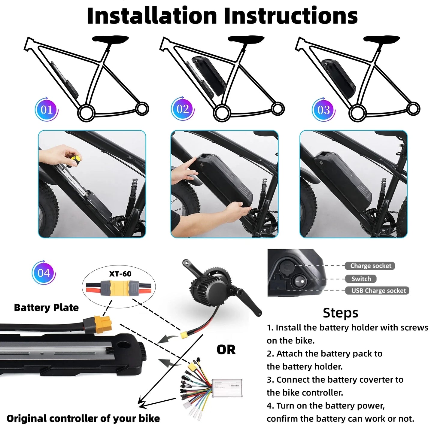 Hailong Ebike Battery Pack – 36V/48V/52V | 10Ah 15Ah 20Ah | Lithium Battery with Charger, BMS, USB Port & Lock – Fits 350W–1500W Motors