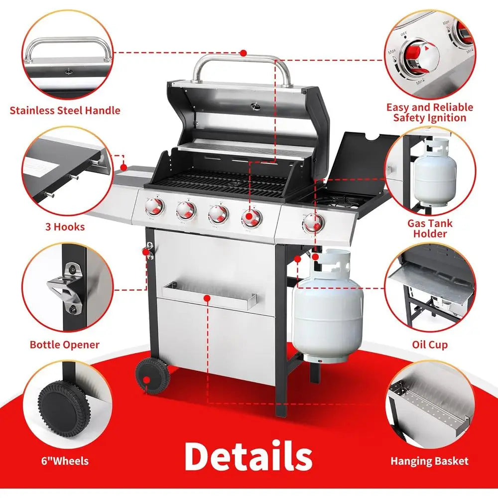 GRIDDLE GRILL COMBO – PROPANE GAS AND CHARCOAL GRILL, OUTDOOR BBQ GRILLS, 4 BURNER PROPANE STOVE WITH GRIDDLE, CAST IRON GRATES