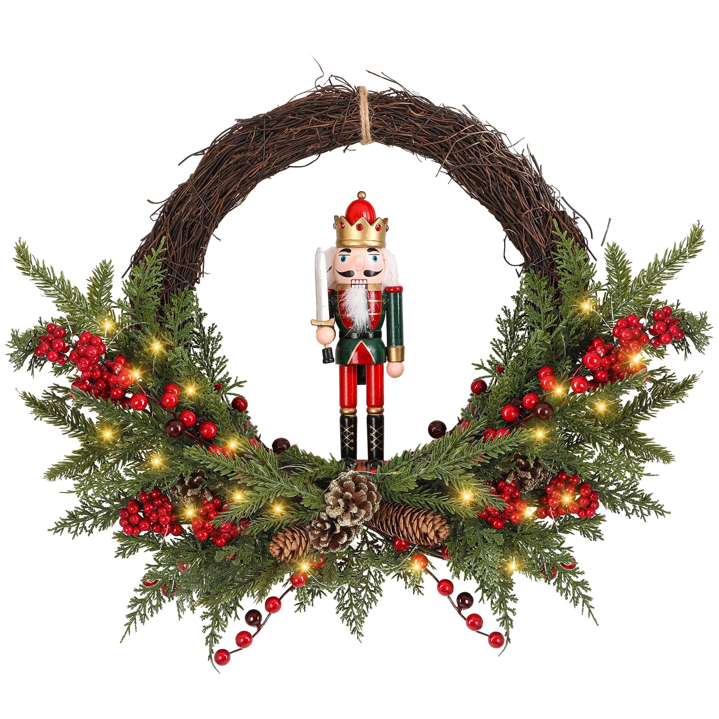 24" Christmas wreath  Christmas nutcracker wreath  Christmas nutcracker and berry wreath 30 LED Lights, Battery Operated Christm