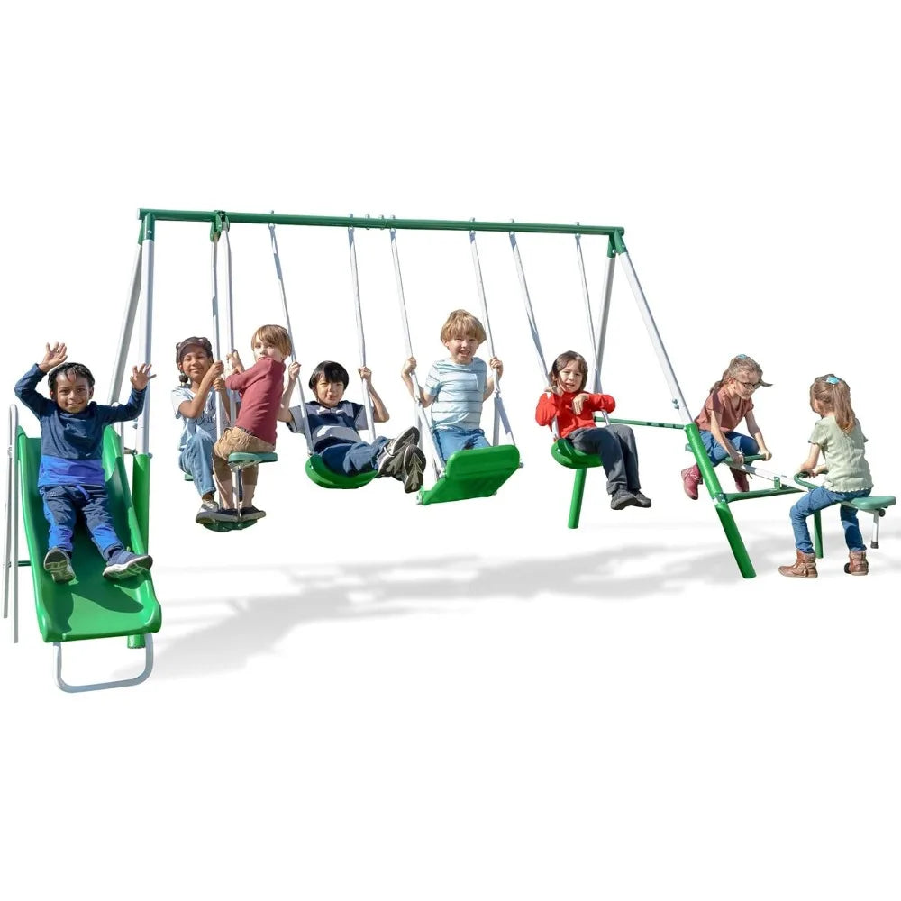 Park Ridge 8-in-1 Metal Swing Set – Outdoor Playground with Slide, Swings, Roman Glider, Teeter Totter & Anchor Kit – ASTM Certified for Kids Ages 3–8