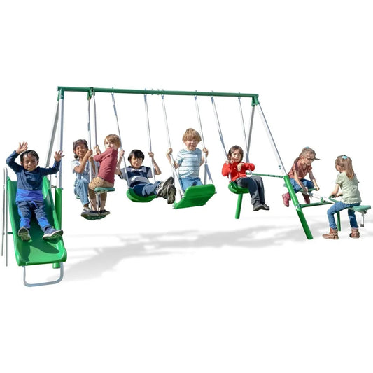 Park Ridge 8-in-1 Metal Swing Set – Outdoor Playground with Slide, Swings, Roman Glider, Teeter Totter & Anchor Kit – ASTM Certified for Kids Ages 3–8