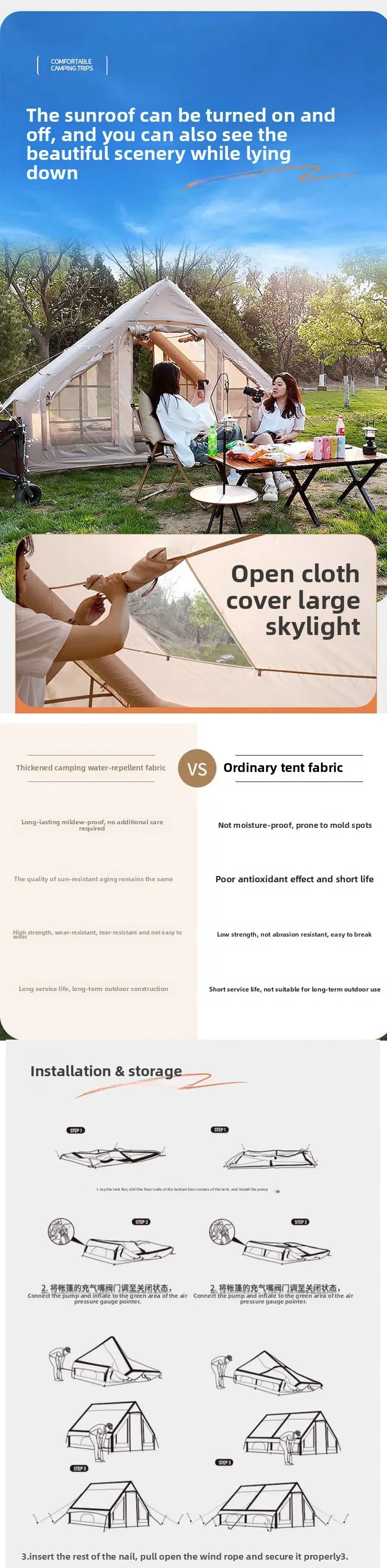 Inflatable Camping Tent for 1-6 People with Skylight, Stove Jack & PU3000 Waterproof Protection