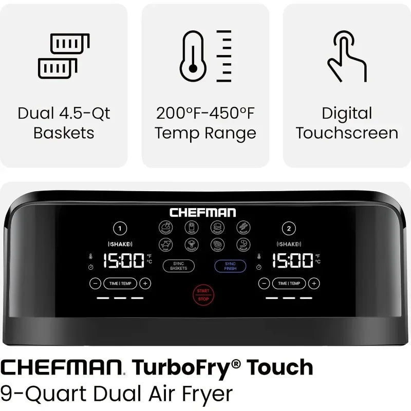 Chefman TurboFry® Touch 6-Quart Dual Basket Air Fryer – Sync Cook Finish, Hi-Fry Crisp Mode, Digital Touchscreen