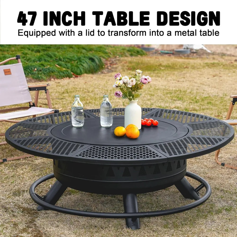 47 Inch Fire Pit with 2 Grills, Outdoor Extra Large Firepits for Outside, Wood Burning Fireplace for Camping, Picnic, Bonfire