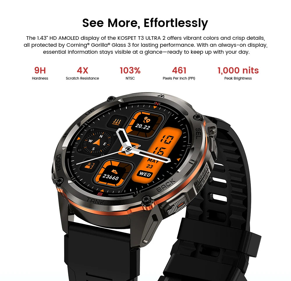 KOSPET TANK T3 Ultra 2 GPS Smartwatch for Men – Compass, Altimeter, Barometer, 5ATM Waterproof, AMOLED Display