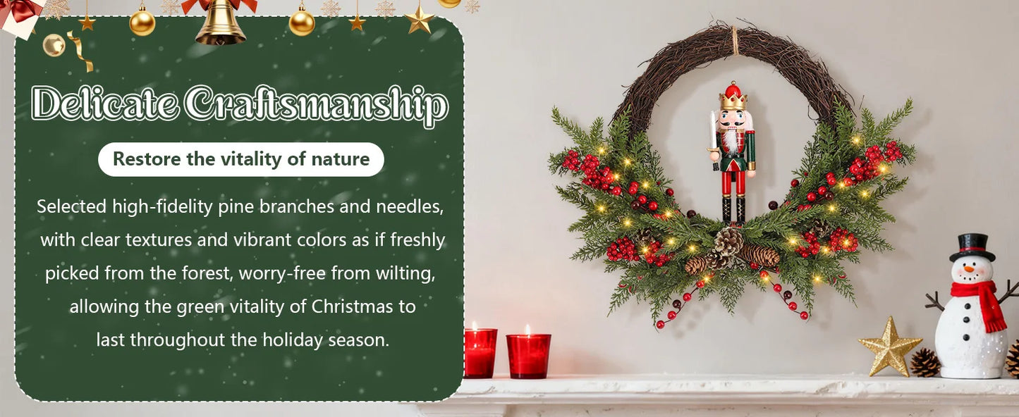 24" Christmas wreath  Christmas nutcracker wreath  Christmas nutcracker and berry wreath 30 LED Lights, Battery Operated Christm