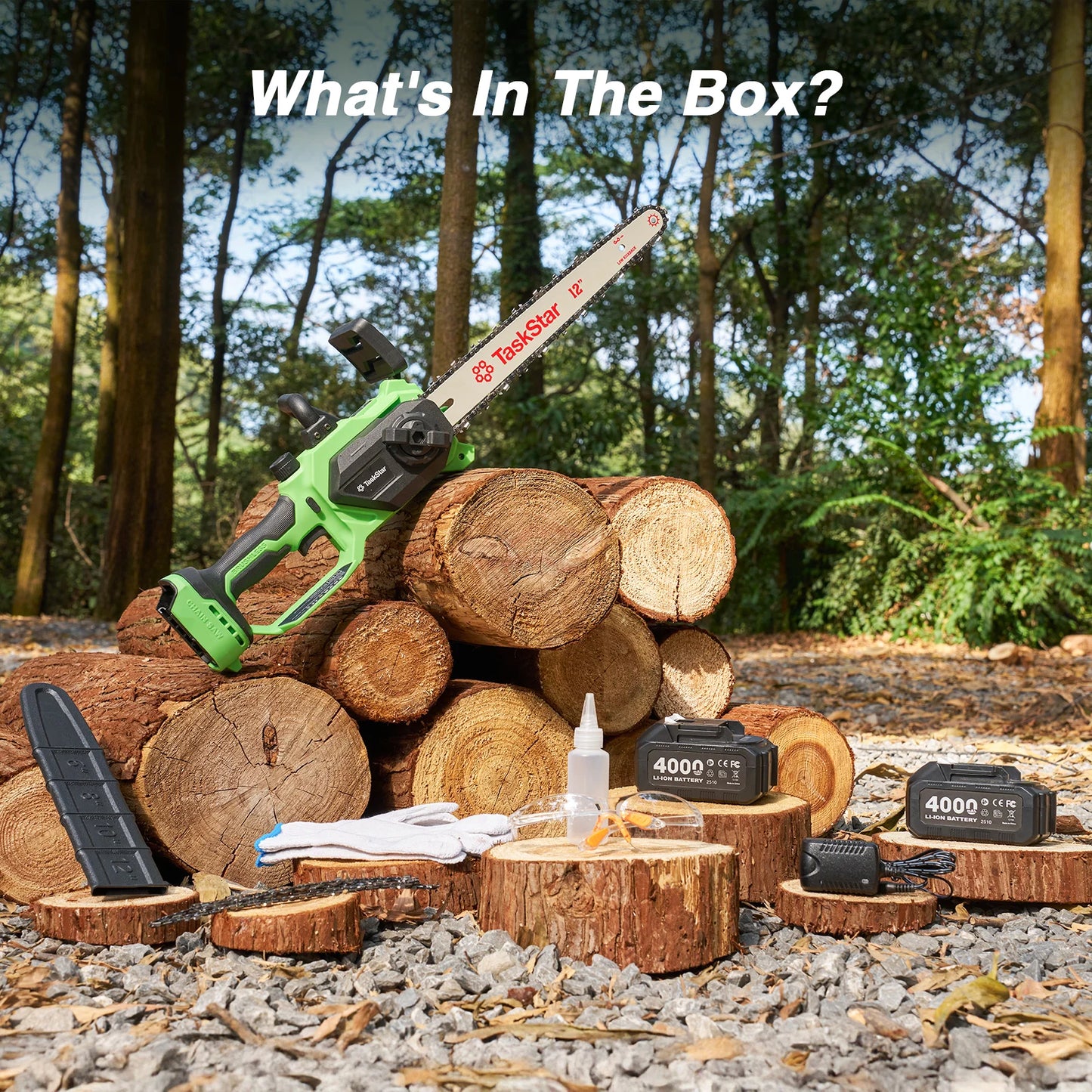 TaskStar 12" Cordless Electric Chainsaw with 2 x 4000mAh Batteries – Brushless Motor, Tool-Free Tensioning, Lightweight & Portable