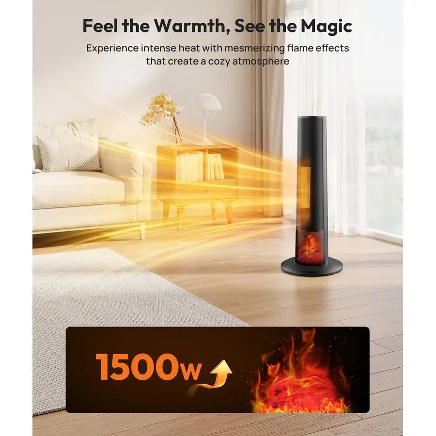 Electric Tower Heater with 3D Flame, Thermostat, Tip-Over Protection & Remote – 1500W Portable Space Heater for Bedroom & Office