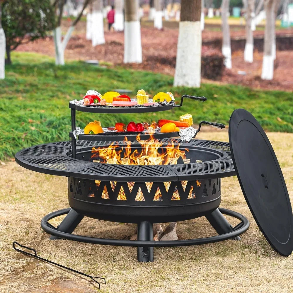 47 Inch Fire Pit with 2 Grills, Outdoor Extra Large Firepits for Outside, Wood Burning Fireplace for Camping, Picnic, Bonfire