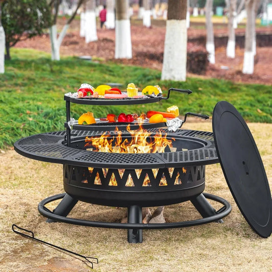 47" Extra Large Outdoor Fire Pit with 2 Rotating Grills – 3-in-1 Wood Burning Patio Firepit with Tabletop Lid for BBQ, Camping & Backyard Gatherings