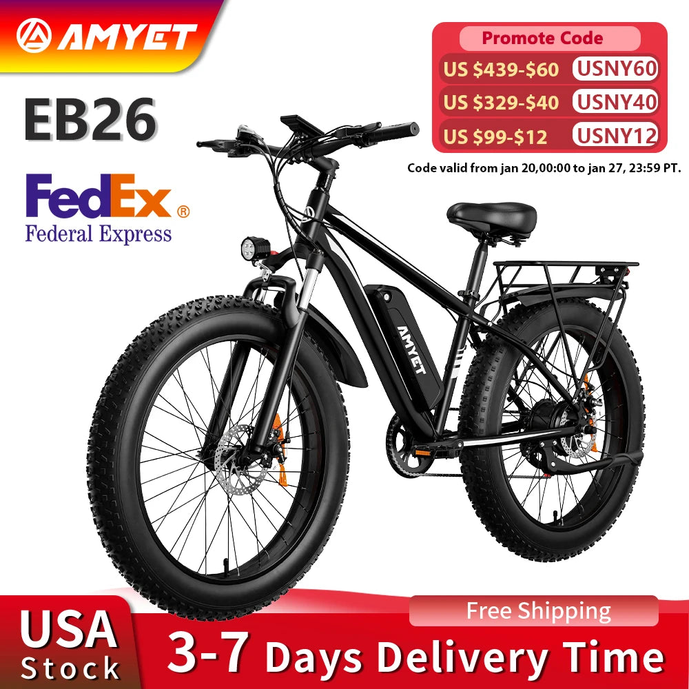 AMYET EB26 1000W Electric Bike with 26" Fat Tires & 48V Battery