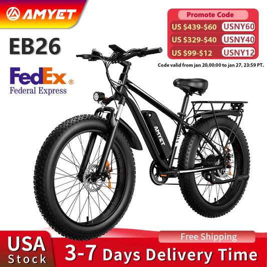 AMYET EB26 1000W Electric Bike with 26" Fat Tires & 48V Battery