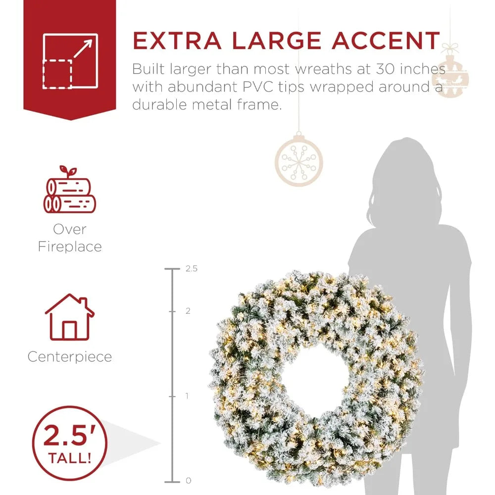 Large 30-inch Flocked Artificial Pre-Lit Fir Christmas Wreath with 100 Dual LED Lights - Holiday Decoration Accent