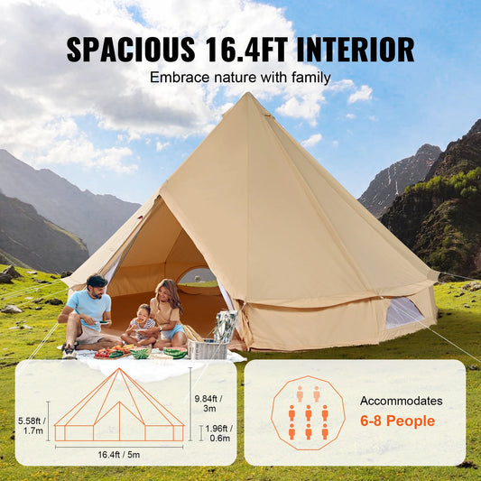 SucceBuy 16.4FT Canvas Bell Tent for Camping – 4 Season Yurt Tent with Stove Jack, Breathable TC Cotton, Sleeps Up to 8 People