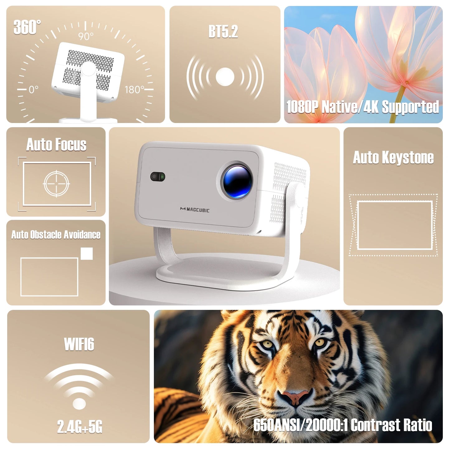 Magcubic 360° Portable 4K Projector – Native 1080P, 650ANSI Brightness, Android 11, Auto Keystone & Focus, WiFi6 & BT5.2