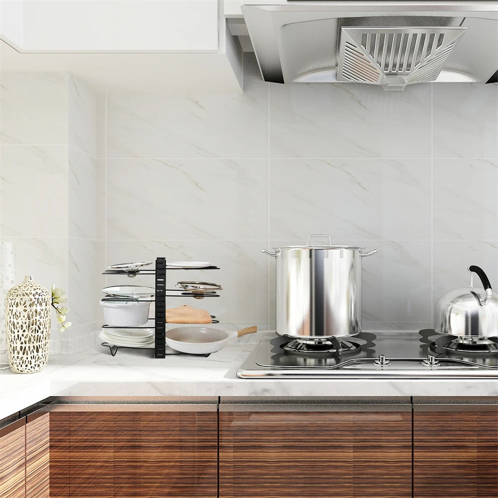 8-Tier Adjustable Pot & Pan Organizer Rack | Heavy-Duty Iron Storage Shelf for Kitchen Cabinets