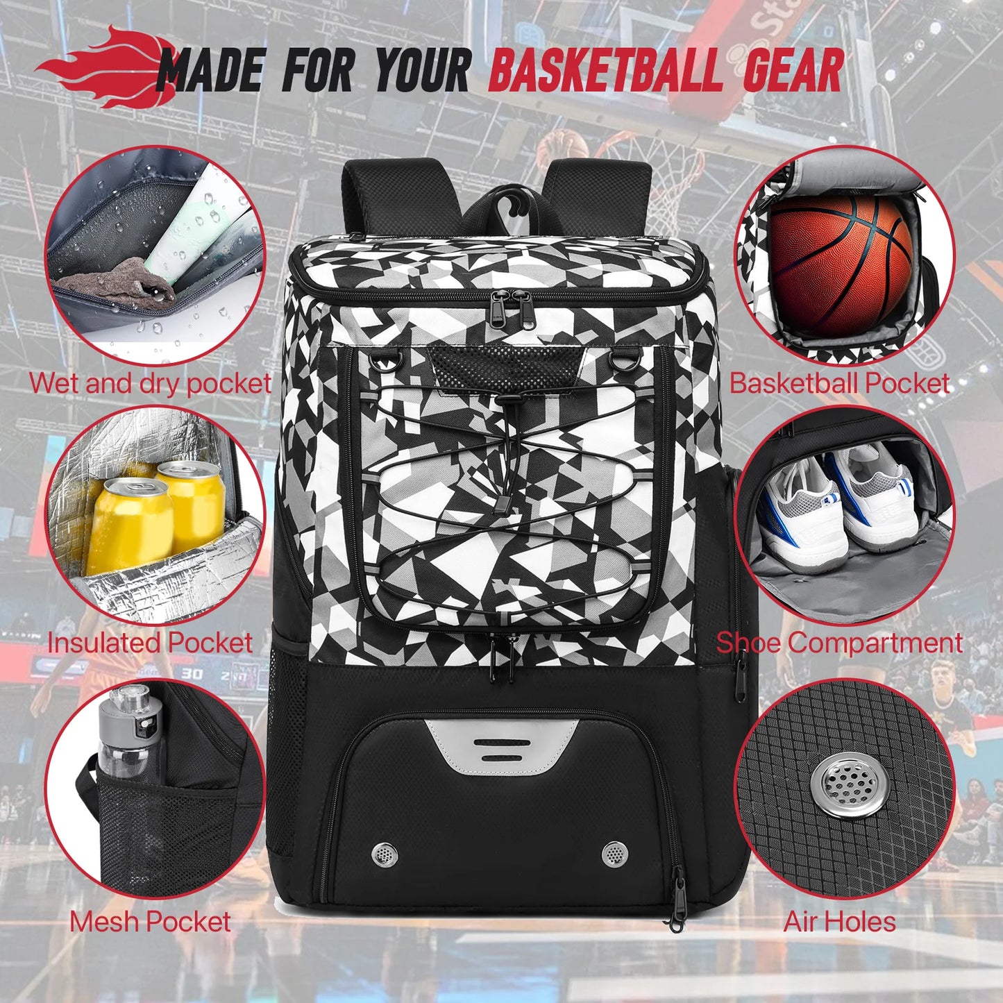 Basketball Sports Backpack with Ball, Shoe & Gear Compartments – Large Capacity & Water-Resistant