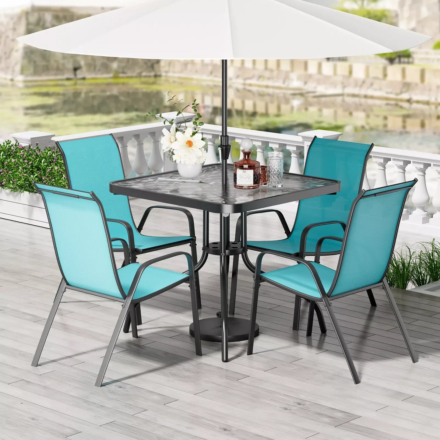 5-Piece Patio Dining Set Outdoor Furniture with Stackable Textilene Chairs & Glass Table