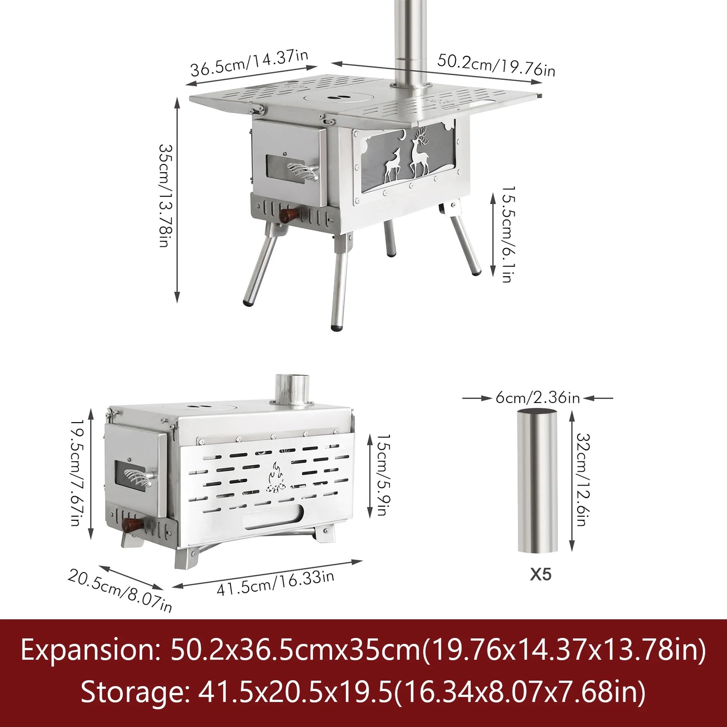 Portable Wood Burning Stove – Stainless Steel Tent Stove with Chimney Pipe & Pellet Burner for Outdoor Cooking