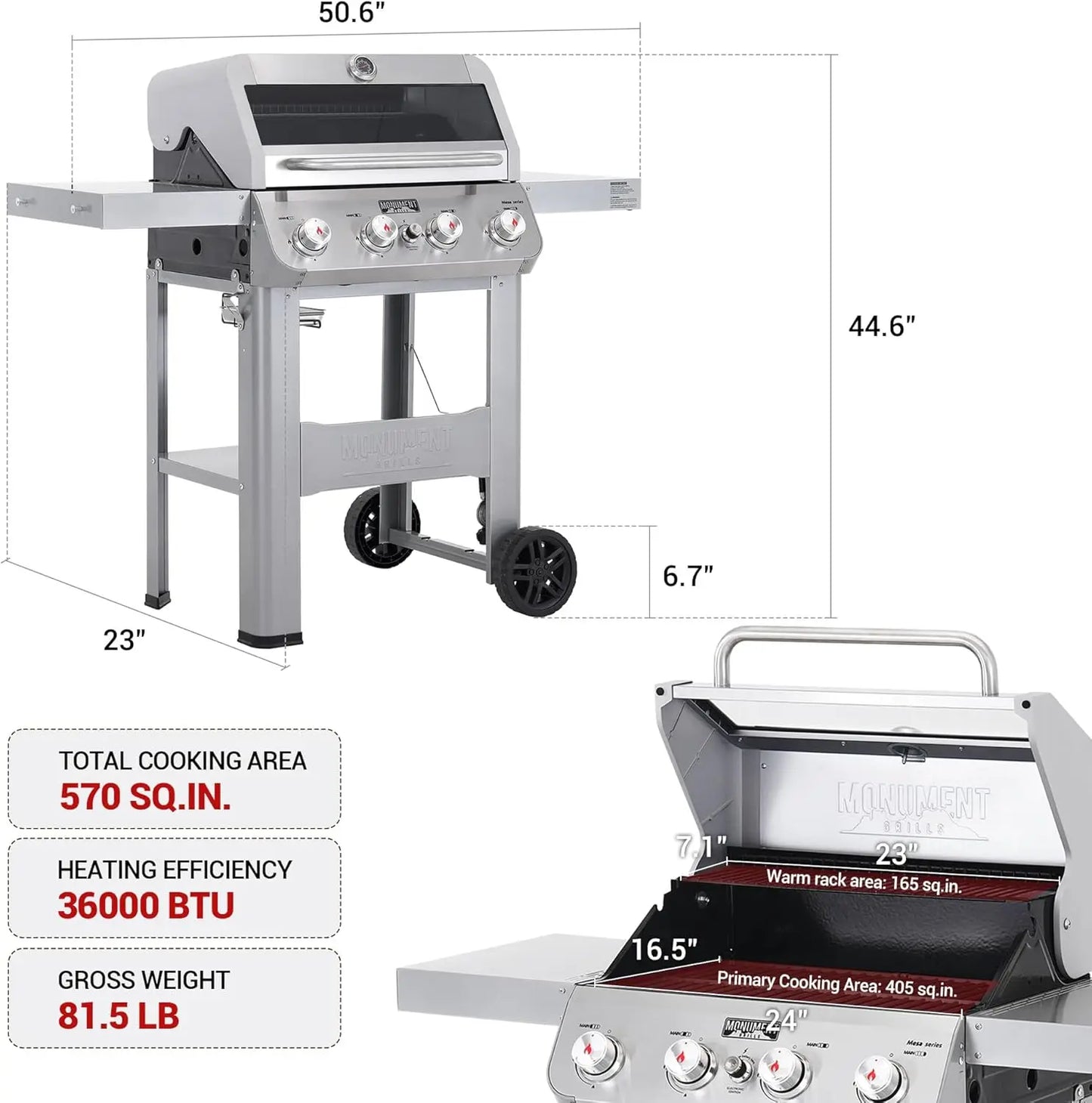 Monument Grills Mesa 400MF – 4-Burner Stainless Steel Propane Gas Grill with Viewing Lid, Foldable Shelf & 570 Sq. In. Cooking Space