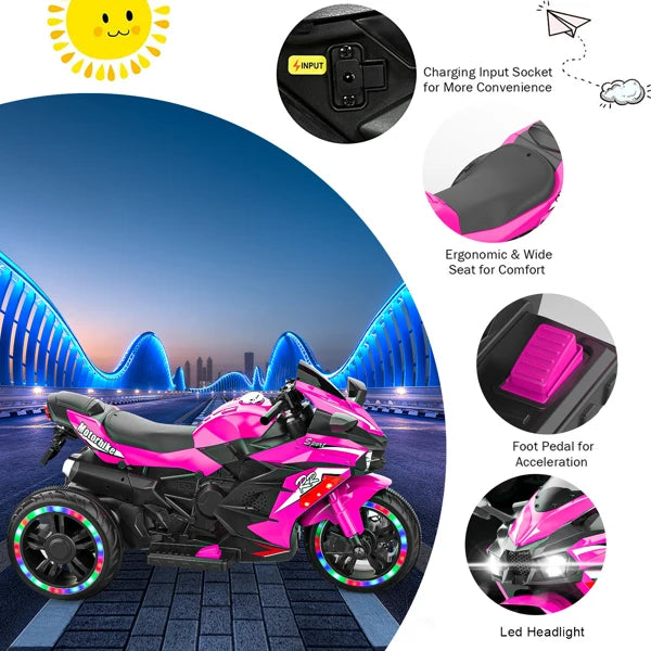 12V Electric Ride-On Motorcycle for Kids with LED Wheels, Music, & Bluetooth – Pink 3-Wheel Trike