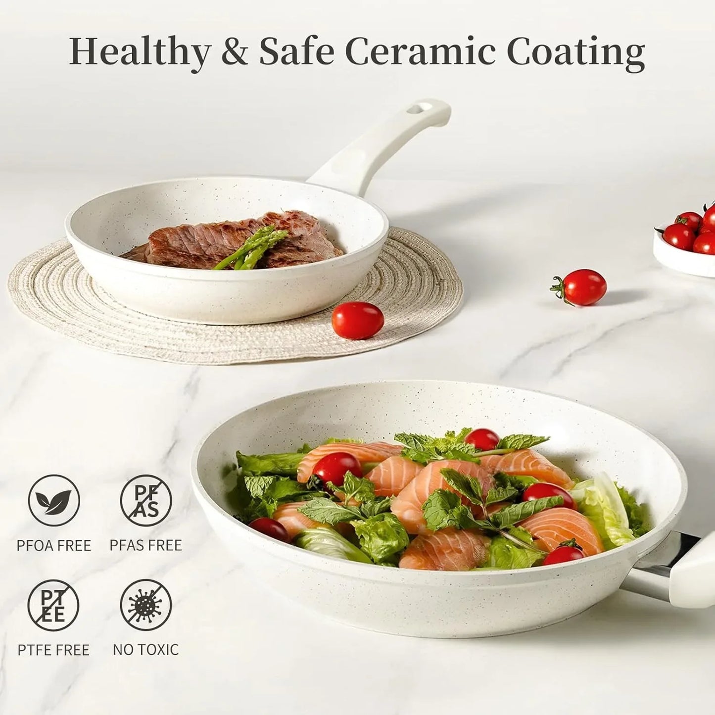 3-Piece Ceramic Nonstick Frying Pan Set with Lids – White Marble Coating, Induction-Ready, Toxin-Free, Oven-Safe up to 302°F