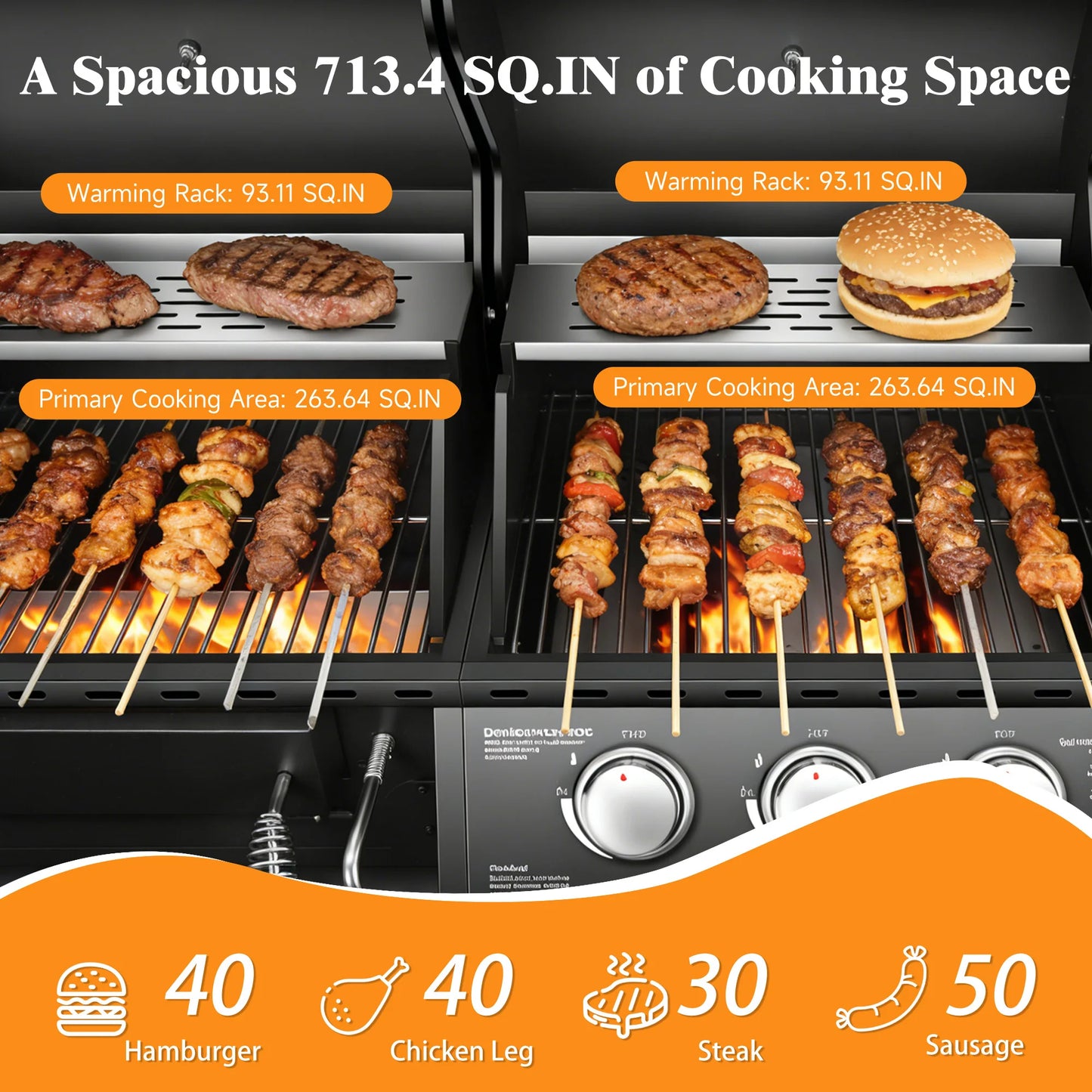 Dual Fuel Grill Gas & Charcoal Grill with Side Burner,3+1 Burners 40,000 BTU Total, 713.5 Sq In Cooking Area