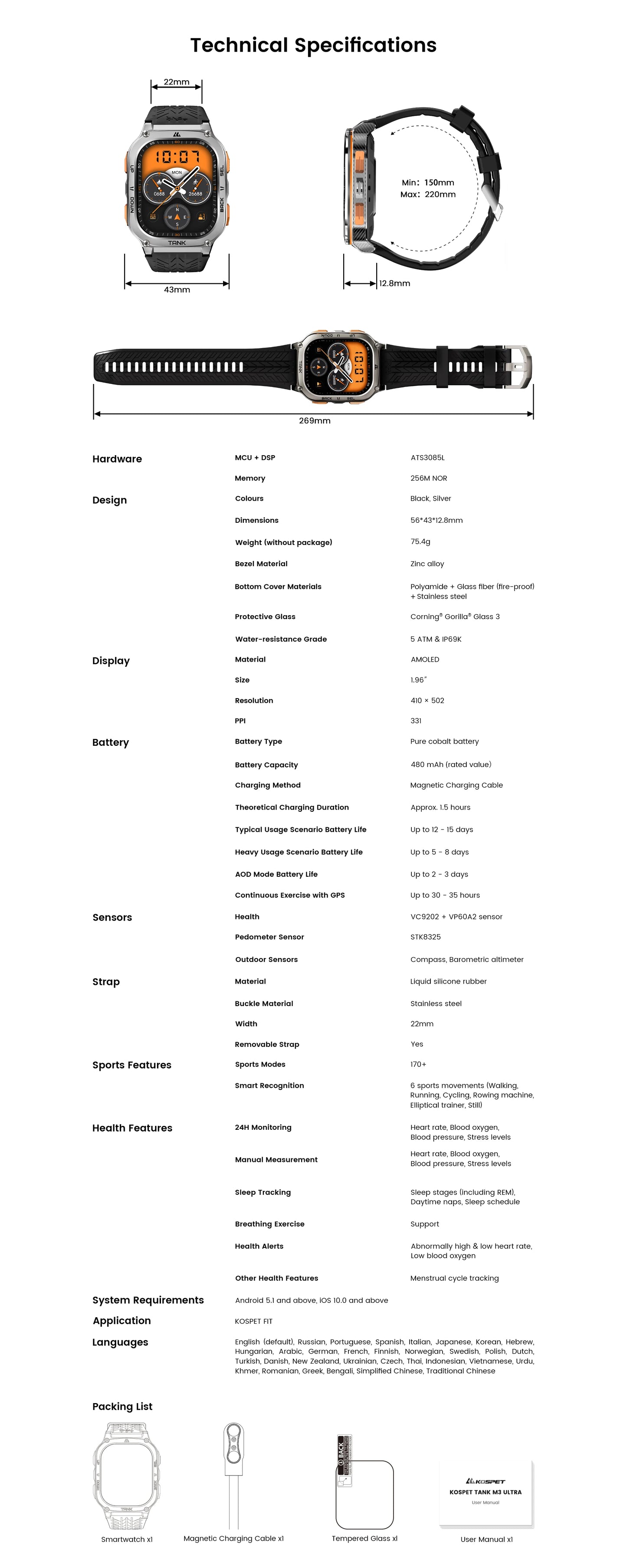 2025 Original KOSPET TANK M3 Ultra GPS Smart Watch For Men Stainless Steel 5ATM IP69K Waterproof AOD AMOLED 24/7 Health Monitor