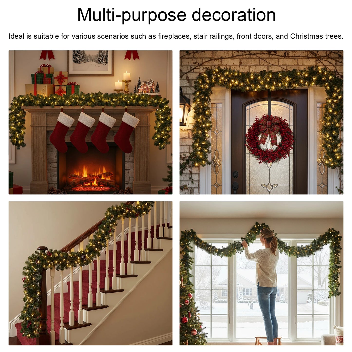 270cm Christmas Wreaths with 50 LED Lights Artificial Front Door Rattens Decor Xmas Faux Garland for Fireplace Stair Xmas Decor