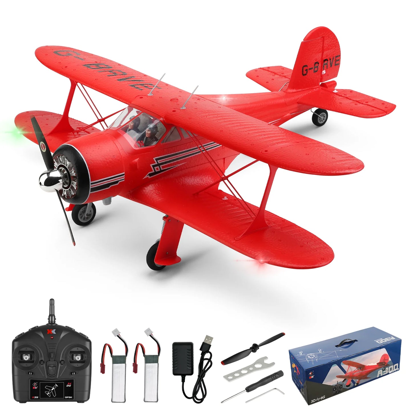 WLtoys A300 Beechcraft D-17 RC Plane – 4 Channel Brushless Remote Control Airplane with Lights, Dual Batteries, 2.4GHz Radio System