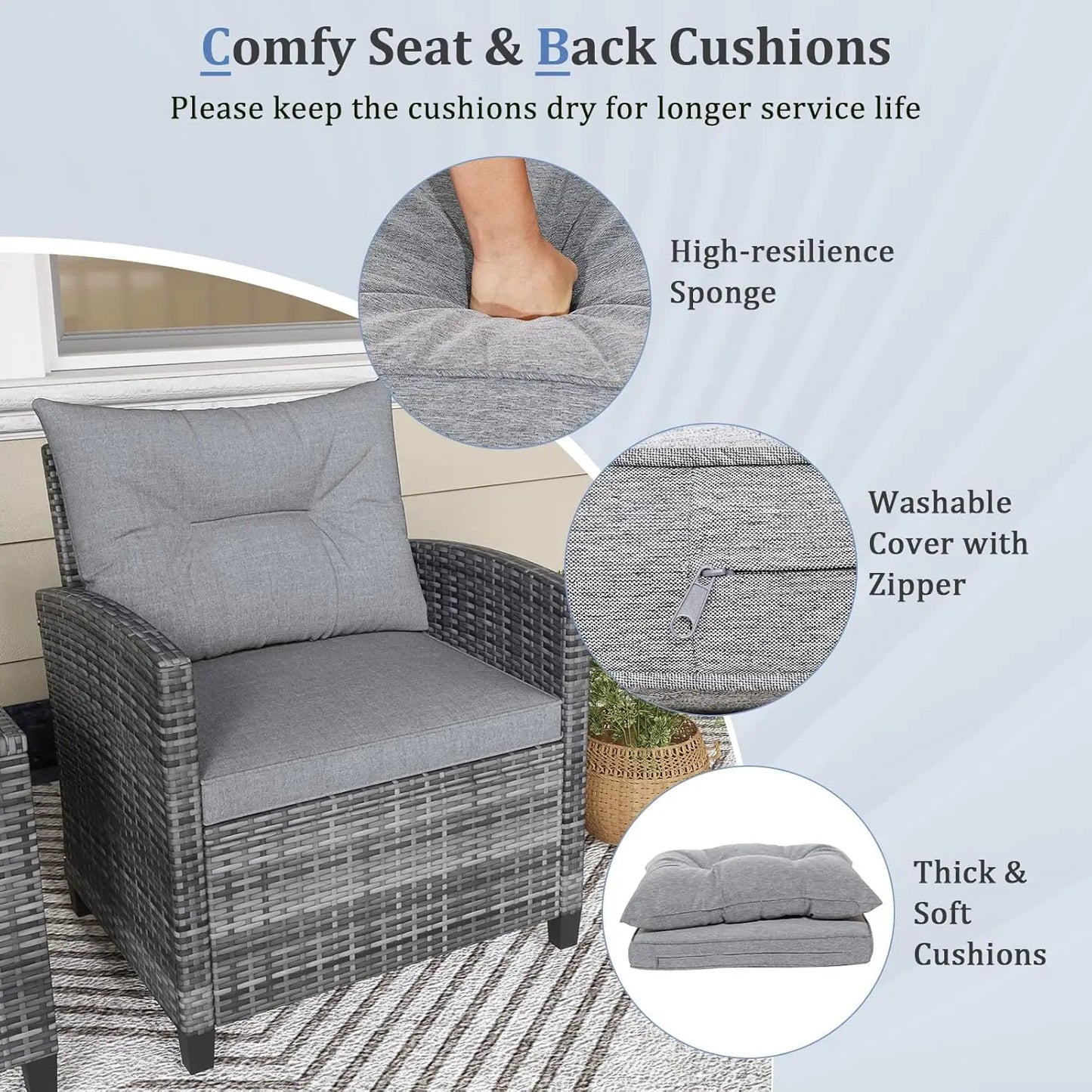 3-Piece Patio Furniture Set Outdoor PE Rattan Conversation Set with Cushions & Glass Table