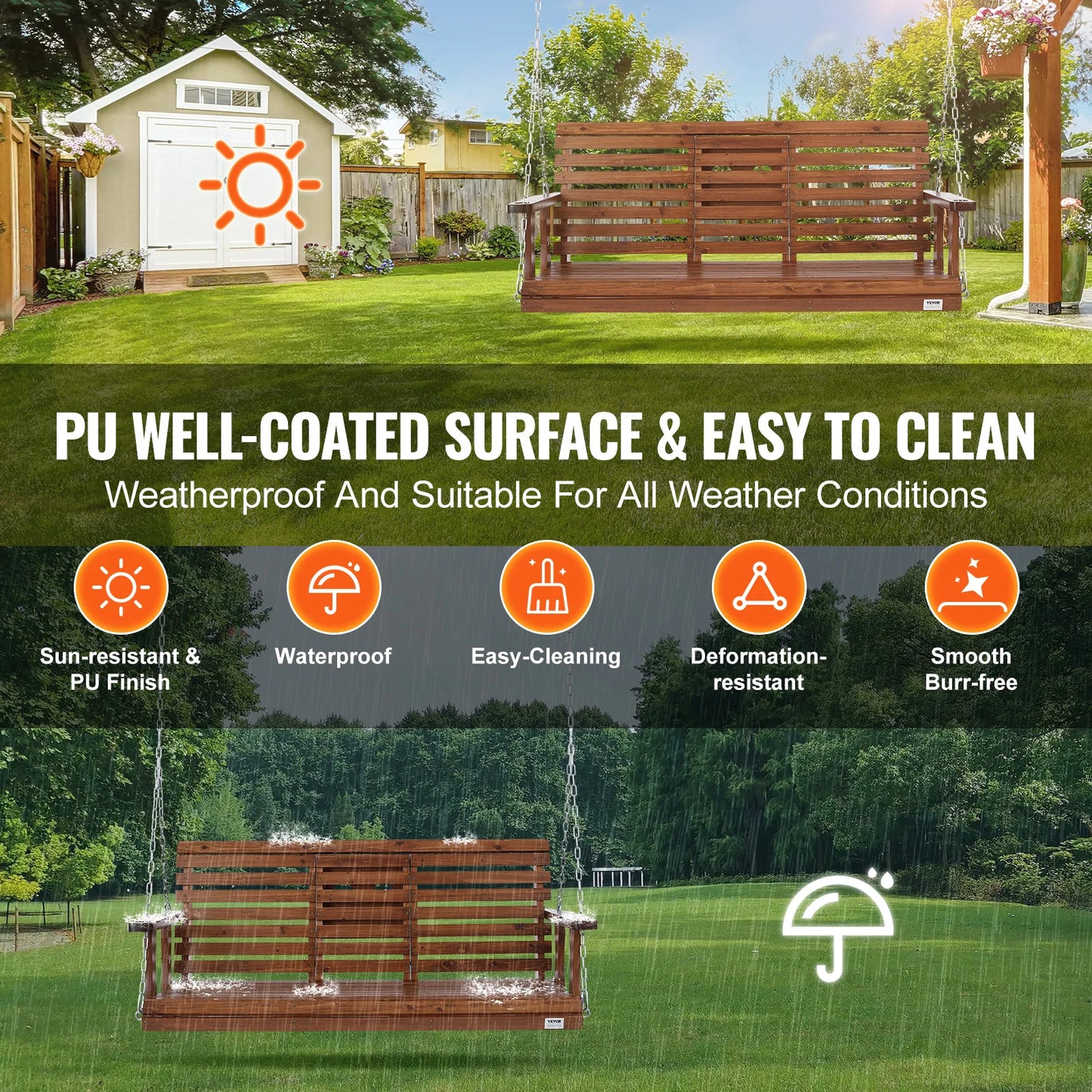 Wooden Porch Swing 5 FT – Heavy-Duty Outdoor Hanging Bench