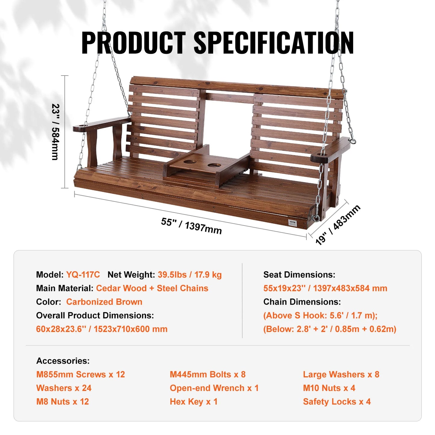 Wooden Porch Swing 5 FT – Heavy-Duty Outdoor Hanging Bench