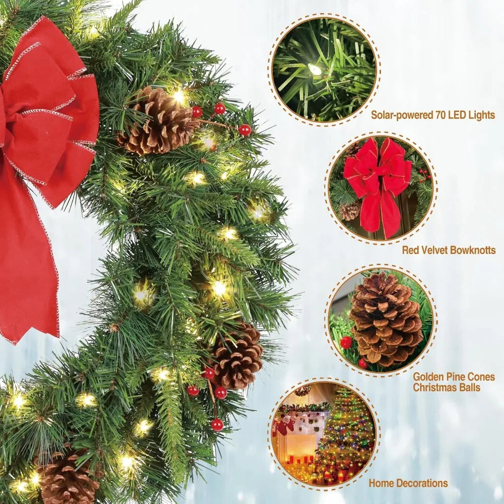 Pre-Lit Artificial 70 LED Solar Christmas Wreath, 30 Inch Outdoor Door Window Decor with Frosted Branches