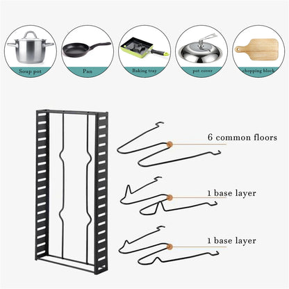 8-Tier Adjustable Pot & Pan Organizer Rack | Heavy-Duty Iron Storage Shelf for Kitchen Cabinets