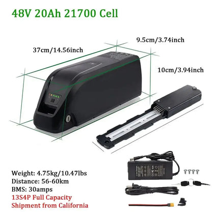 Hailong Ebike Battery Pack – 36V/48V/52V | 10Ah 15Ah 20Ah | Lithium Battery with Charger, BMS, USB Port & Lock – Fits 350W–1500W Motors