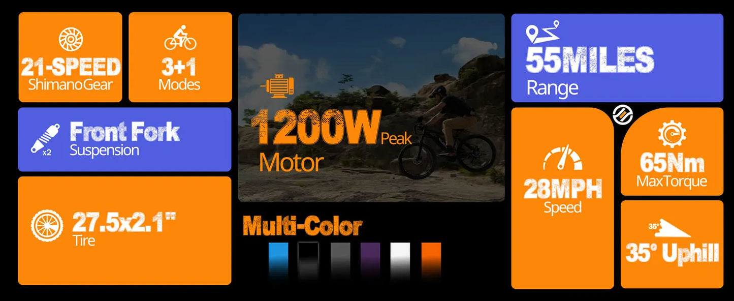 ESKUTE M200 Electric Mountain Bike – 1200W Peak Power 21 Gears