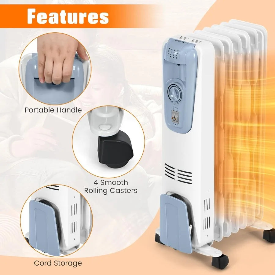 1500W Oil Heater Portable Oil Space Heater w/ Adjustable Thermostat, 3 Heat Settings, Overheat & Tip-Over Protection