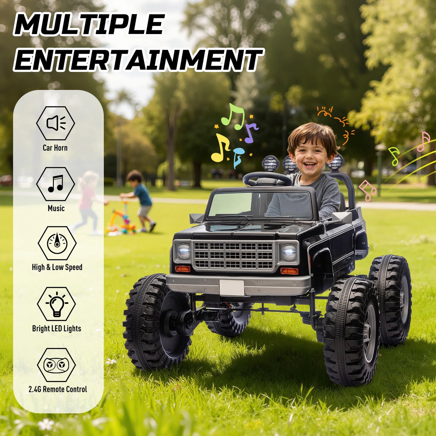 24V Off-Road Electric Ride-On Truck for Kids – Dual Motors – Big Wheels – MP3, Remote Control, LED Lights – Black