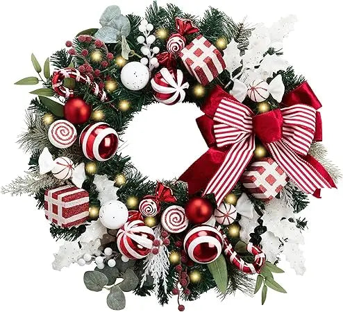 Large Outdoor Red & White Decorated Lighted 24 Inch Pre-Lit Front Door Christmas Wreath Christmas Decor