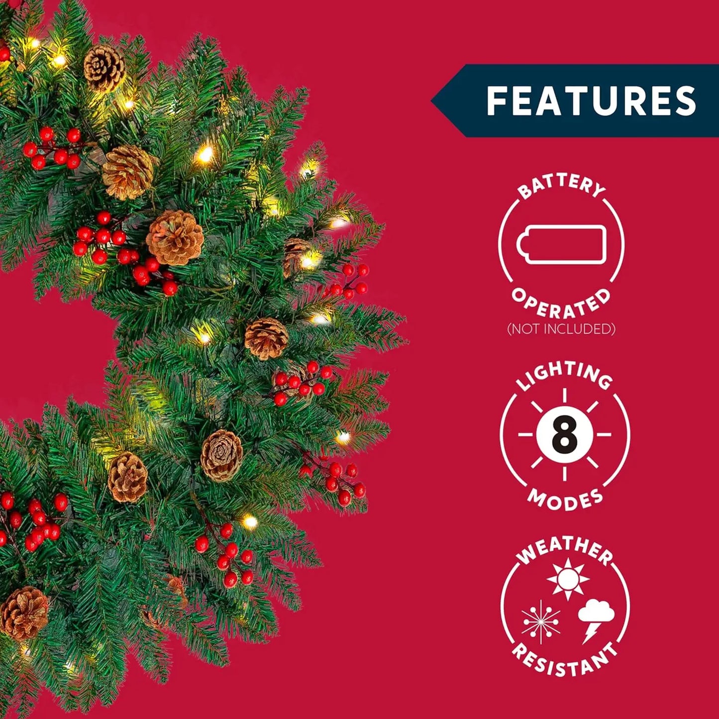 9Ft Artificial Christmas Garland Prelit with LED Lights 27 Pine Cones 27 Red Berries for Home Office Christmas Decorations