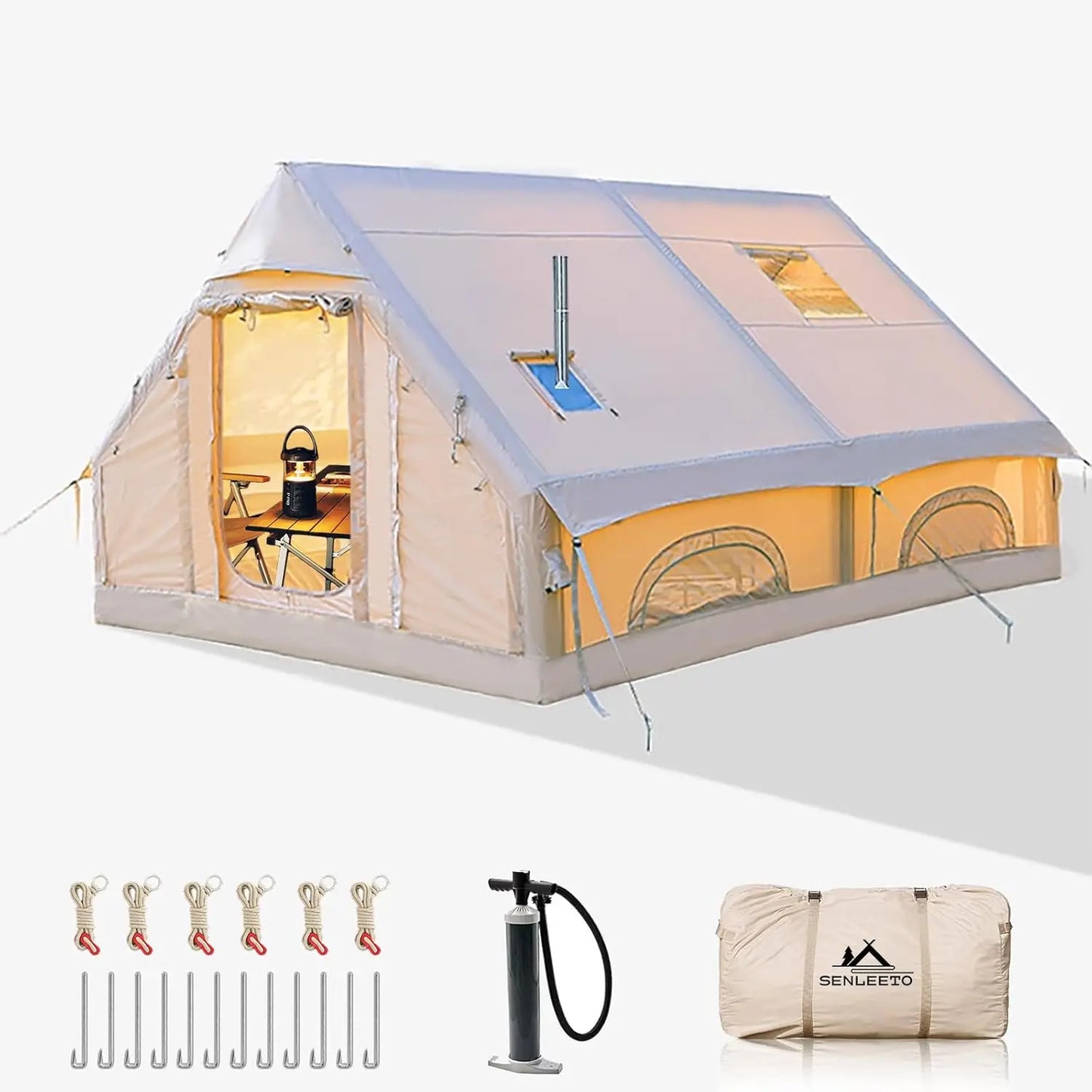 SENLEETO 8-10 Person Inflatable Glamping Tent with Stove Jack – 4 Season Waterproof Family Camping Tent
