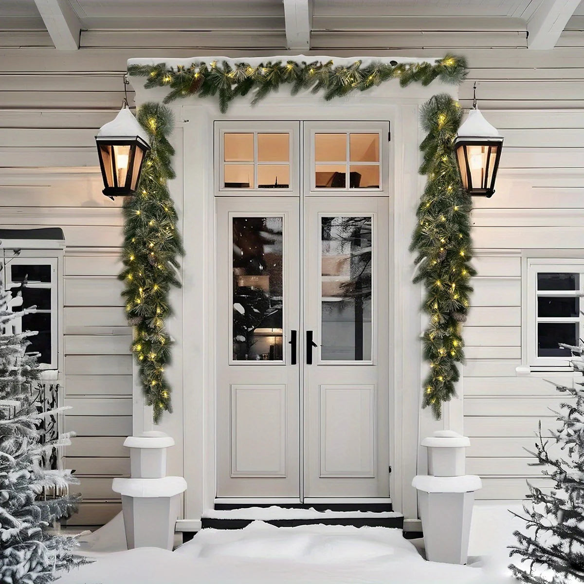 Pre-Lit Greenery Pine Cone Christmas Garland Flocked with Warm White Led Lights, Front Door Christmas Wreath, Teardrop Shape