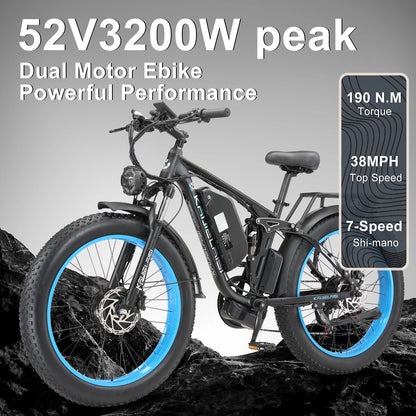 Kajelaisi 3000W Dual Motor Electric Bike – 52V 26Ah Battery, Full Suspension, Hydraulic Brakes, 24x4.0 Fat Tires, 38 MPH Off-Road E-Bike for Adults