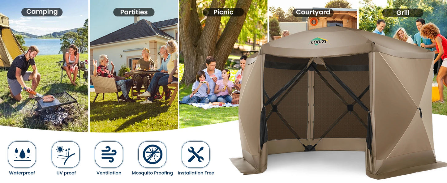 Cobizi 12x12ft Pop-Up Gazebo Screen Tent – 6-Sided Portable Outdoor Canopy Shelter with Mosquito Netting