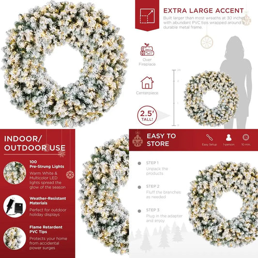 Large 30-inch Flocked Artificial Pre-Lit Fir Christmas Wreath with 100 Dual LED Lights - Holiday Decor Accent