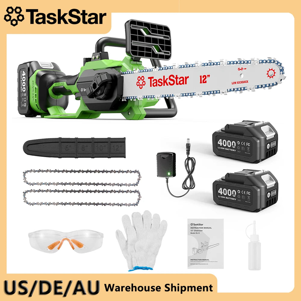 TaskStar 12" Cordless Electric Chainsaw with 2 x 4000mAh Batteries – Brushless Motor, Tool-Free Tensioning, Lightweight & Portable