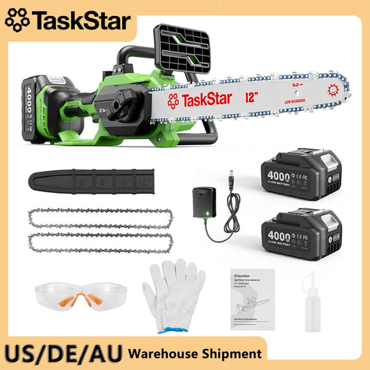 TaskStar 12" Cordless Electric Chainsaw with 2 x 4000mAh Batteries – Brushless Motor, Tool-Free Tensioning, Lightweight & Portable