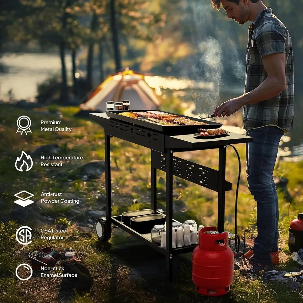 Portable 4-Burner Propane Griddle – 40,000 BTU Outdoor Gas Grill with Enamel Tray, Rolling Cart, Side Shelves & Ignition – Flat Top BBQ Griddle for Backyard & Camping